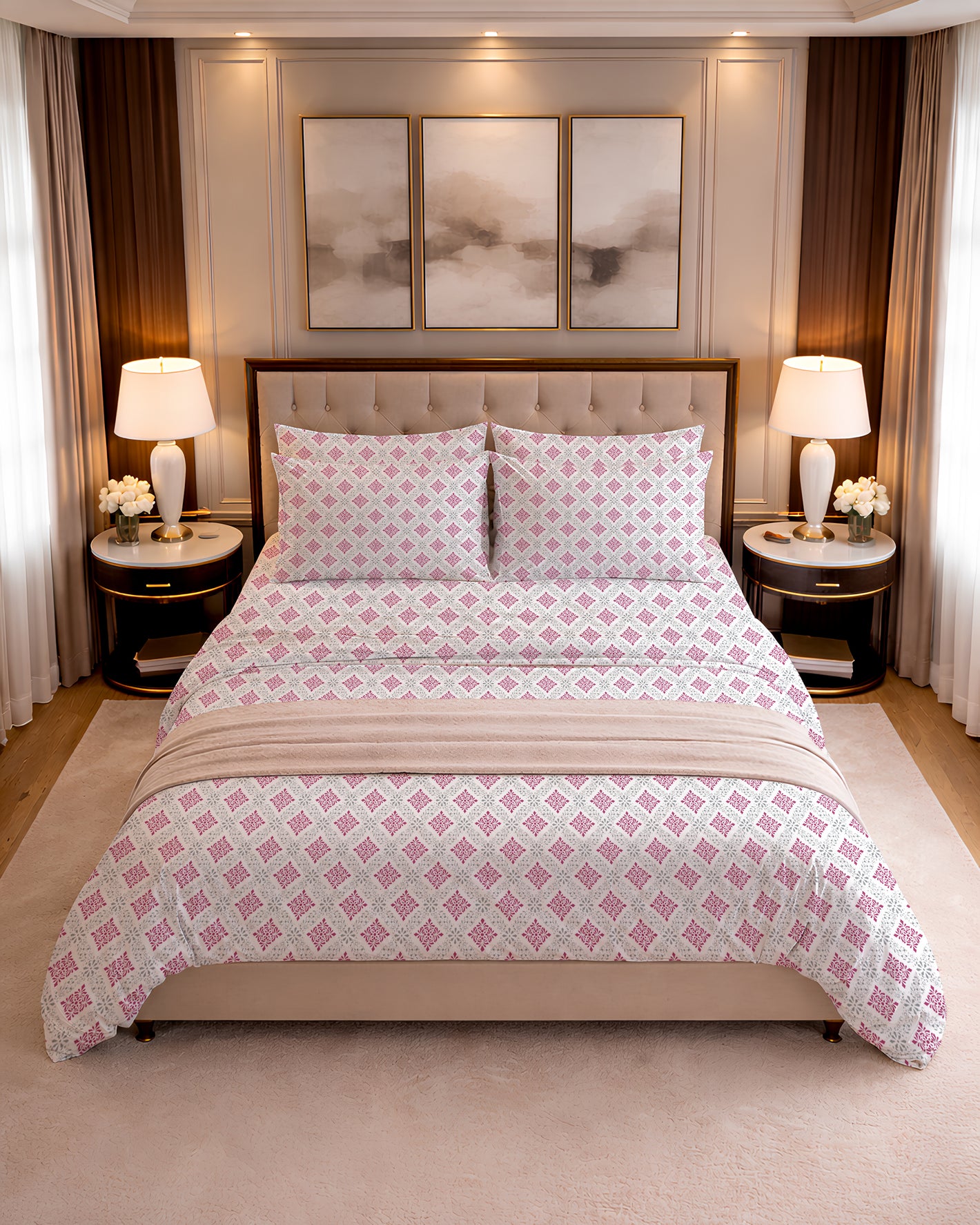 400 TC PRINTED DIAMOND FLOWER FLAT SET