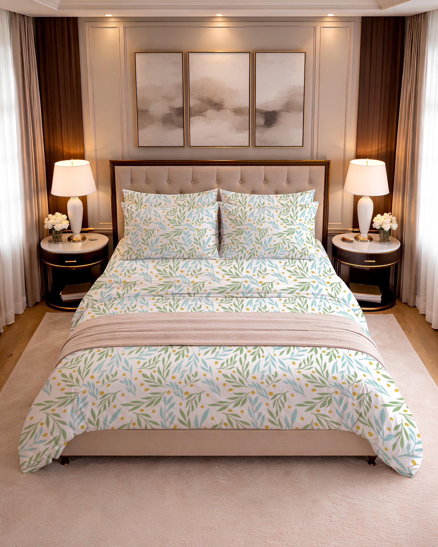 300 TC PRINTED DOT LEAVES FLAT SET